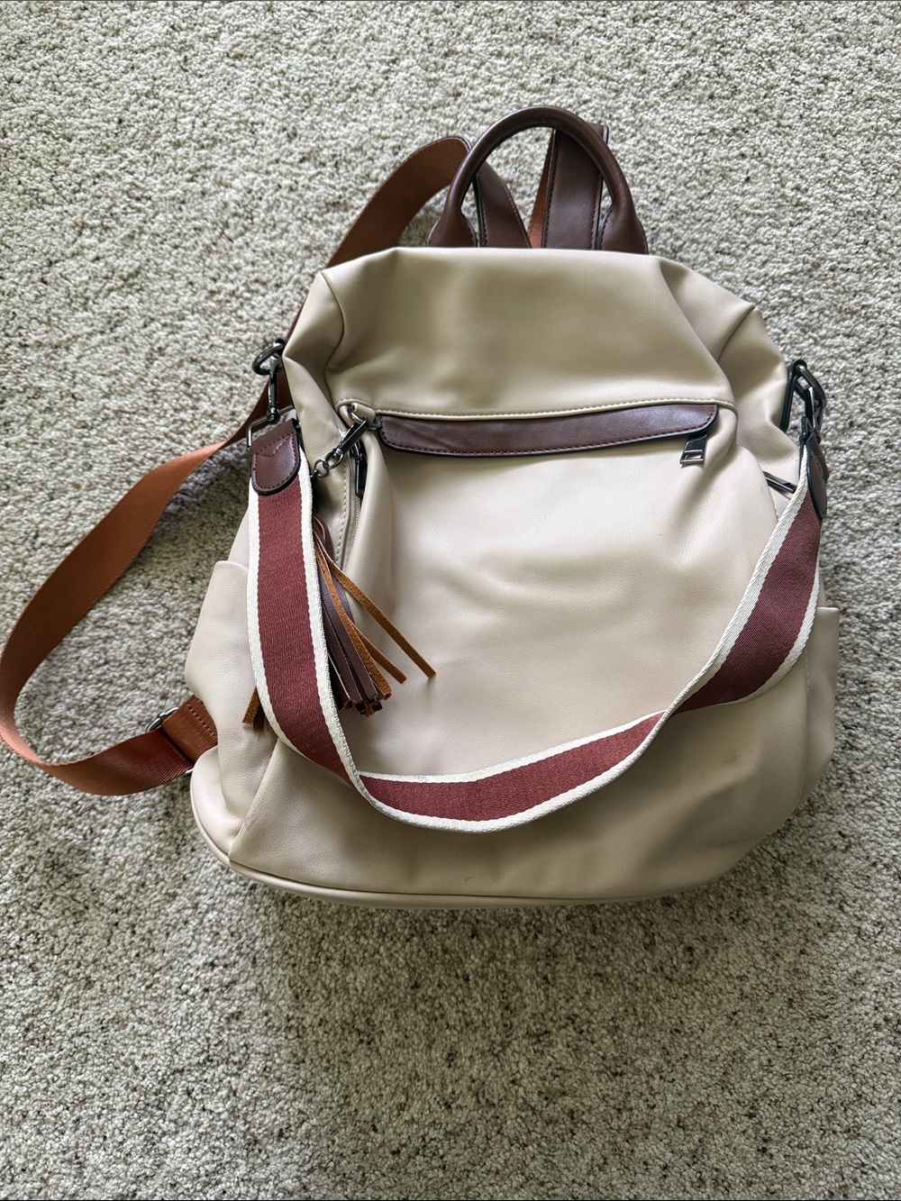 Beige Everyday Backpack with Brown Accent Strap